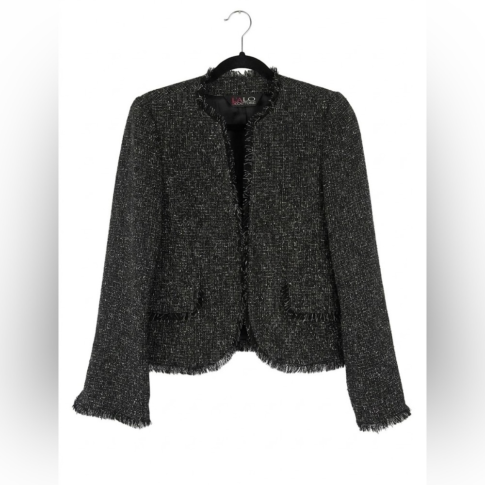 Lalo Couture Tweed Blazer Black White Fringe Detailing size 4